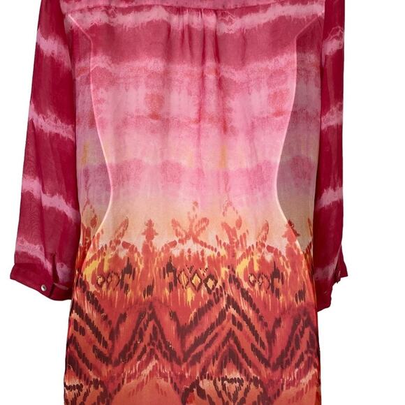 Chicos Pink Orange Button Down Sheer 3/4 Sleeve Long Line Top Shirt Blouse 0/ S - Picture 15 of 15
